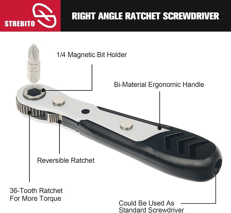 STREBITO Mini Ratchet Set, 22-Piece 1/4 Ratchet Right Angle Screwdriver, 36-Tooth Small Ratcheting Wrench Bit Ratchet For Tight Spaces, with Phillips, Slotted, Torx, Hex, Square and Adapter for Socket - Image 2